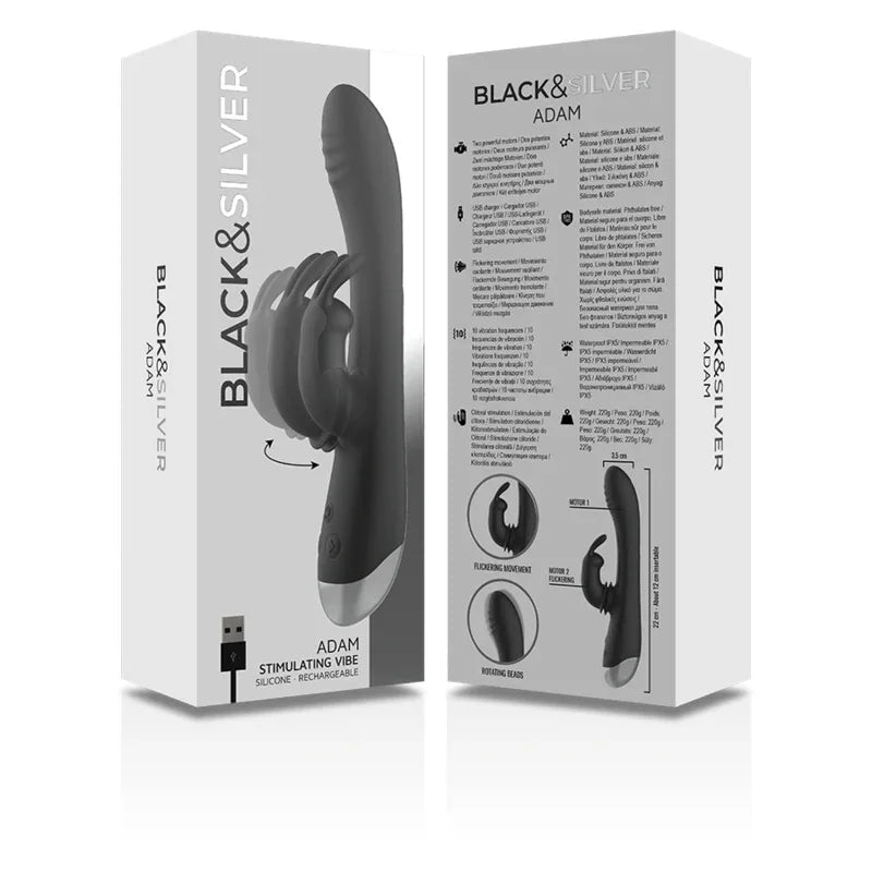 BLACK&SILVER - VIBROMASSEUR RECHARGEABLE EN SILICONE ADAM NOIR - Incandessens