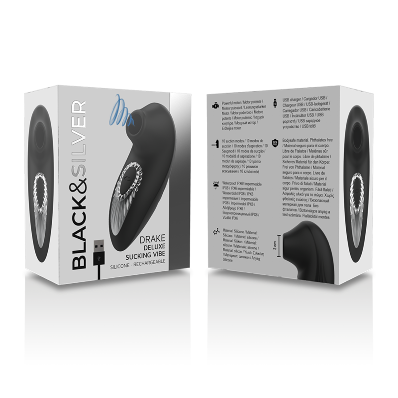 BLACK&SILVER - STIMULATEUR CLITORIDIEN DRAKE ASPIRATION 10 MODES SILICONE RECHARGEABLE NOIR