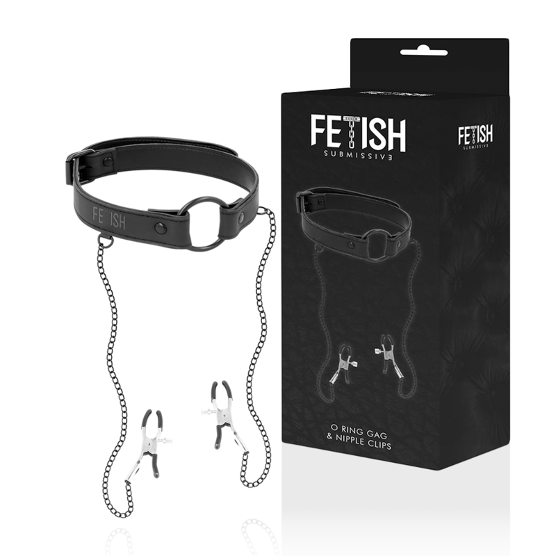 FETISH SUBMISSIVE - BAILLON ANNEAU AVEC PINCES A TETONS