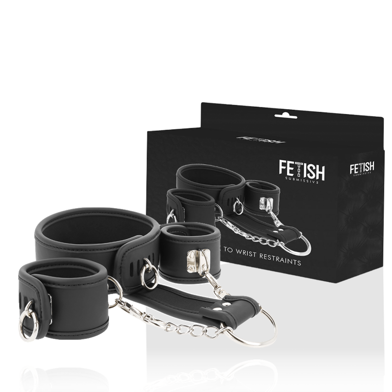 FETISH SUBMISSIVE - COLLIER ET MENOTTES EN CUIR VÉGAN AVEC DOUBLURE NEOPRÈNE