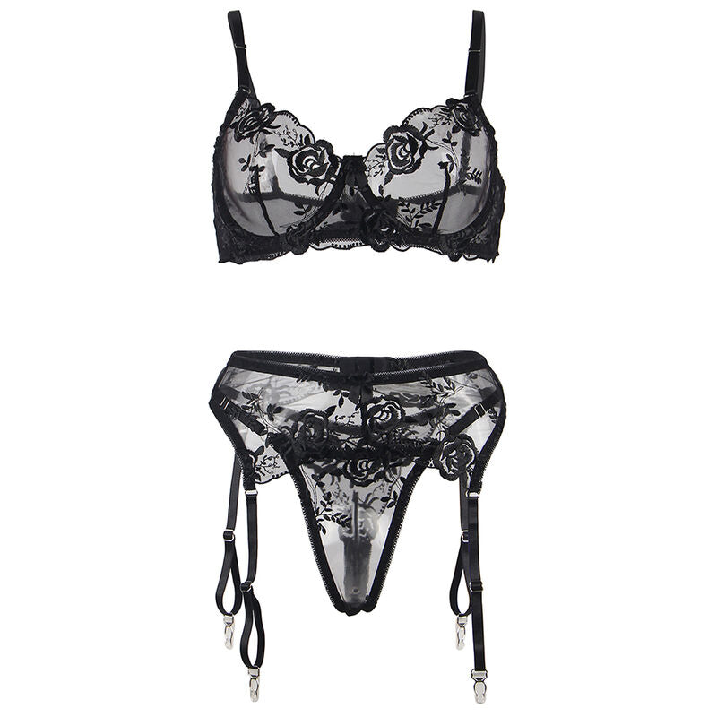 SUBBLIME - ENSEMBLE3 PIECES SOUTIEN-GORGE + STRING + JARRETIÈRE IMPRIMÉ FLORAL NOIR