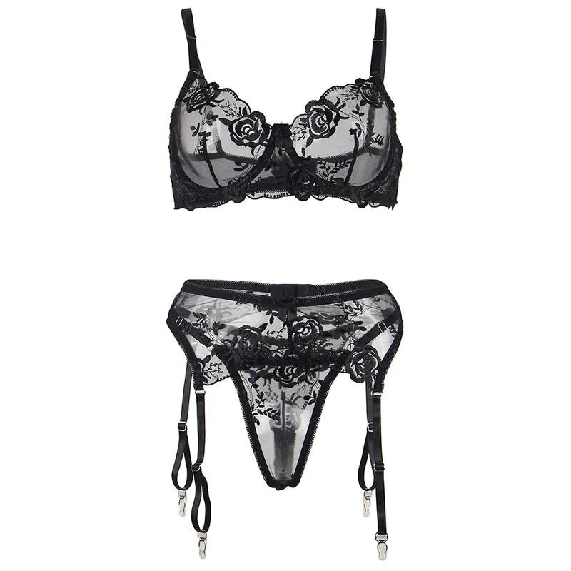 SUBBLIME - ENSEMBLE LINGERIE 3 PIÈCES FLORAL NOIR SOUTIEN-GORGE STRING JARRETIÈRE - Incandessens