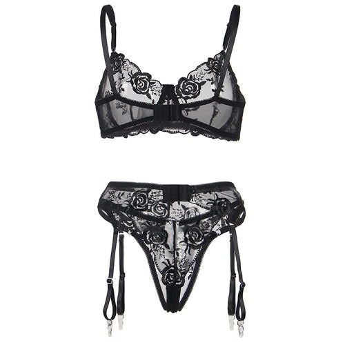 SUBBLIME - ENSEMBLE3 PIECES SOUTIEN-GORGE + STRING + JARRETIÈRE IMPRIMÉ FLORAL NOIR