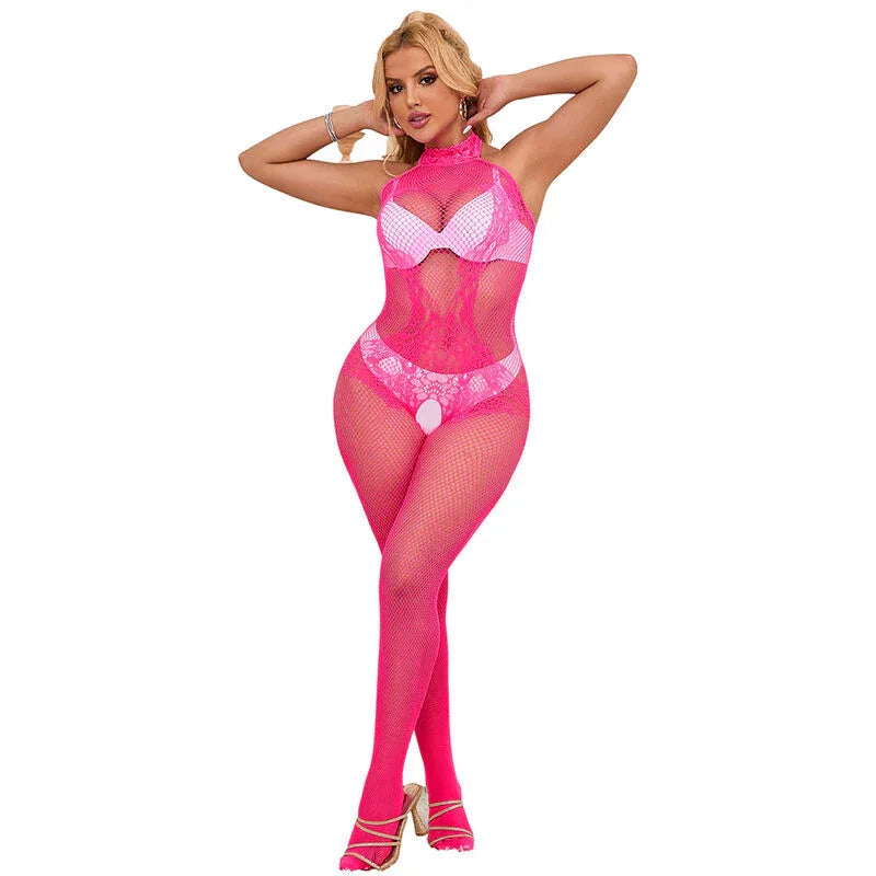 SUBBLIME - 952389 COMBINAISON RÉSILLE ET DENTELLE COL MONTANT ROSE TAILLE UNIQUE - Incandessens