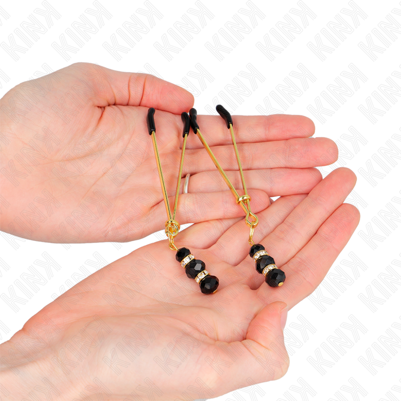 KINK - PINCES À TETONS FINES OR AVEC 3 BILLES DE VERRE NOIR 7 CM