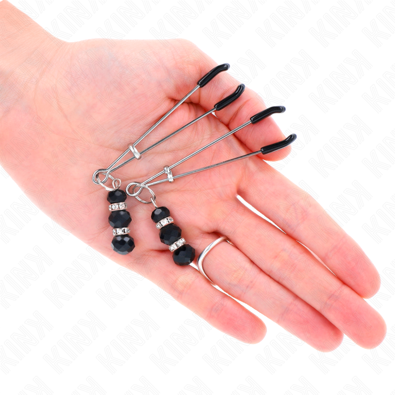 KINK - PINCES À TETONS FINES OR AVEC 3 BILLES DE VERRE NOIR 7 CM