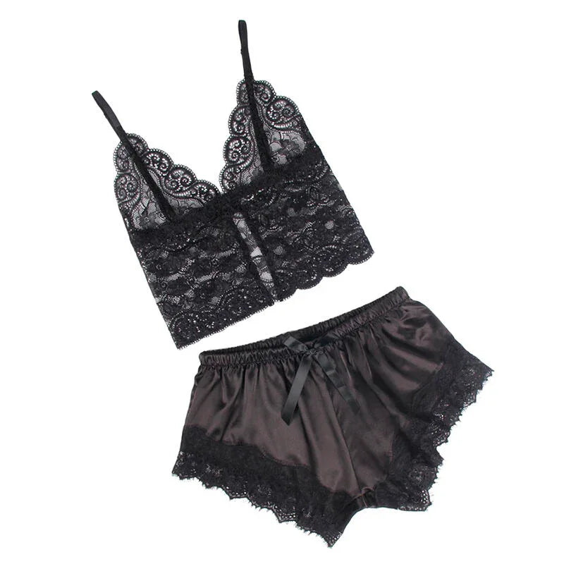 SUBBLIME - ENSEMBLE CHEMISE NUIT SOIE NOIR PANTALON DENTELLE PYJAMA SEXY - Incandessens