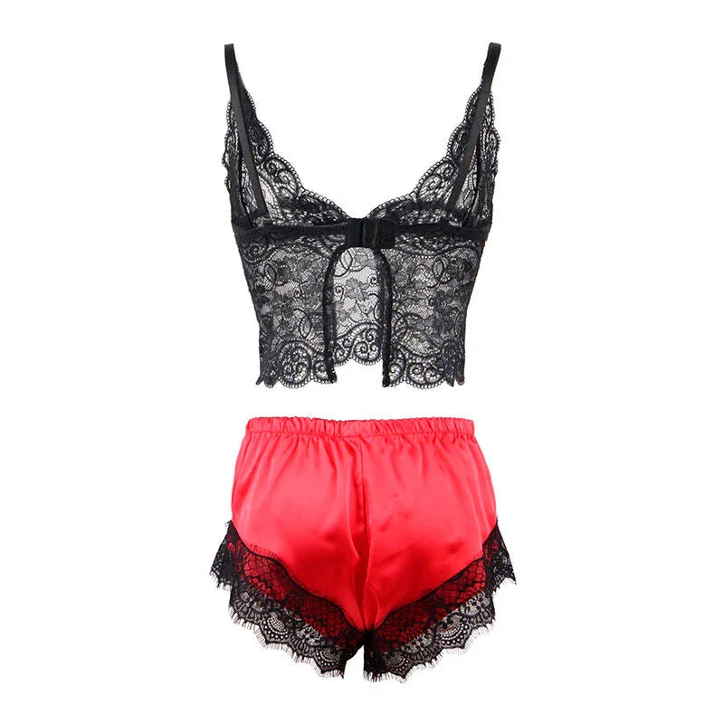 SUBBLIME - 953959 CHEMISE DE NUIT DÉCONTRACTÉE EN SOIE + PANTALON EN DENTELLE NOIR/ROUGE S/M - Incandessens
