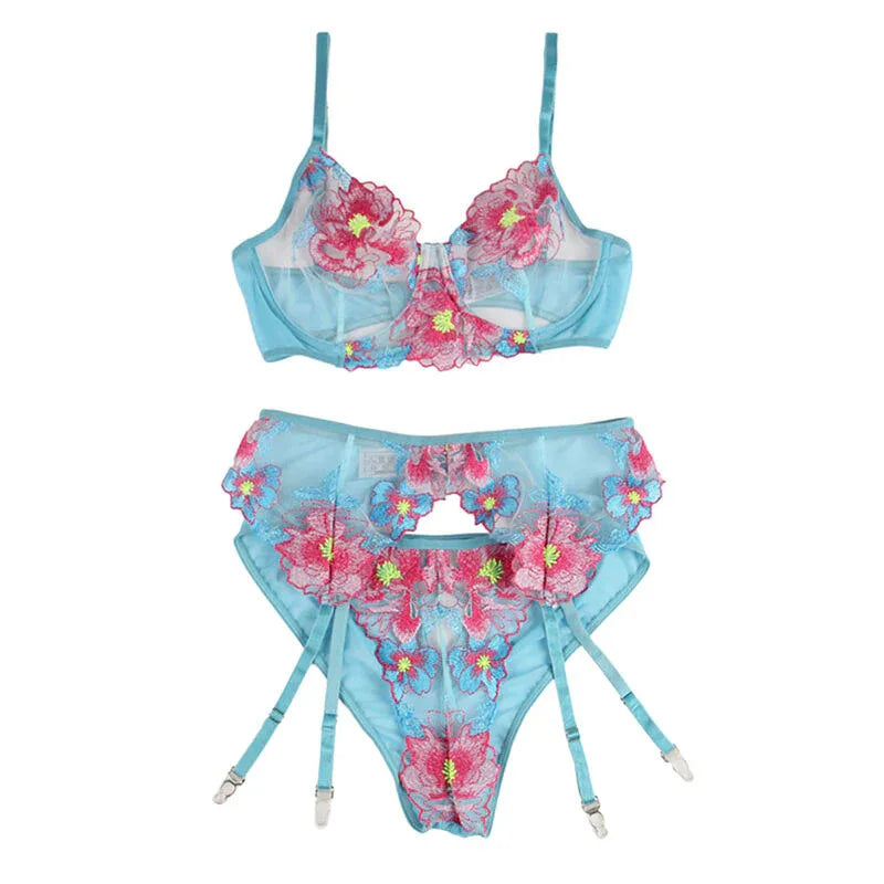 SUBBLIME - 954109 ENSEMBLE SOUTIEN-GORGE + CULOTTE AVEC PORTE-JARRETELLES MOTIF FLORAL BLEU S/M - Incandessens