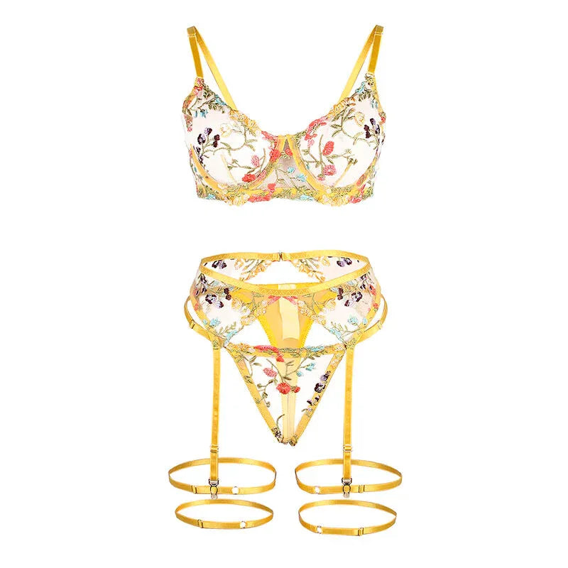 SUBBLIME - 954345 SOUTIEN-GORGE + STRING + PORTE-JARRETELLES MOTIF FLORAL JAUNE S/M - Incandessens