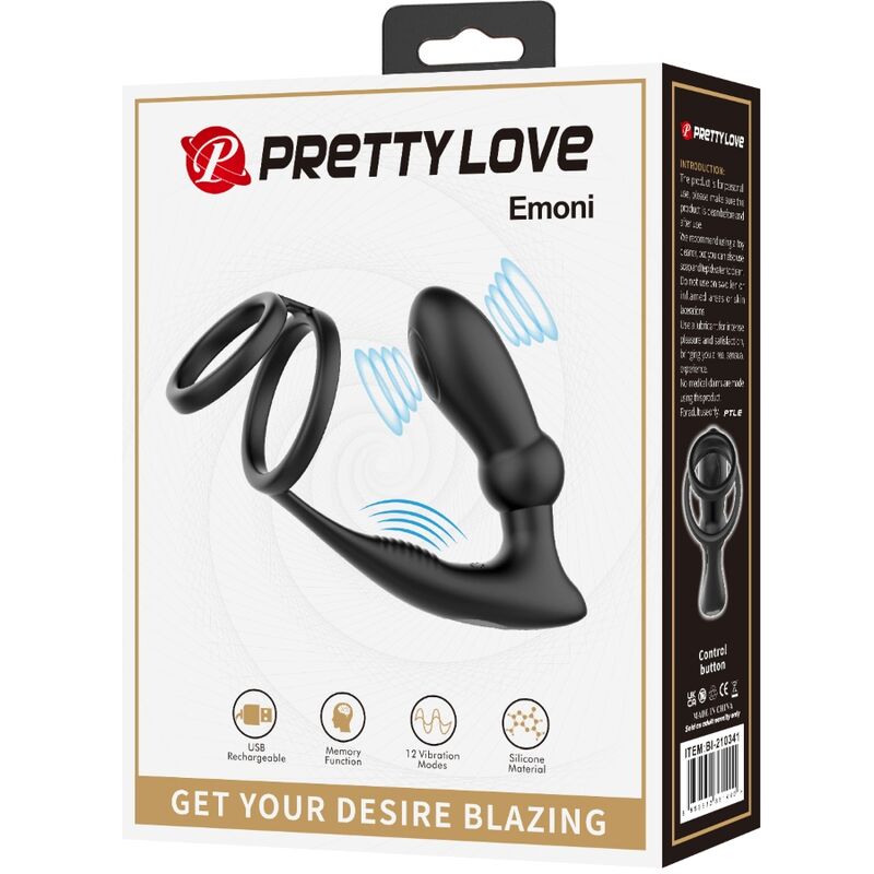 PRETTY LOVE - ANNEAU COCKRING EMONI + PLUG ANAL 12 VIBRATIONS NOIR