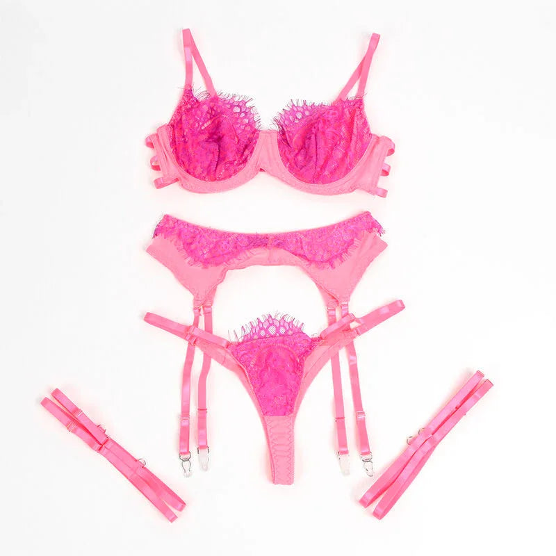 SUBBLIME - ENSEMBLE LINGERIE DENTELLE ROSE VIOLET PORTE-JARRETELLES ROMANTIQUE - Incandessens
