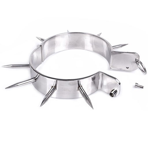 METAL HARD COLLIER ESCLAVE BDSM ACIER CHROMÉ POINTES VERROUILLABLE CLÉ ALLEN 13,5 CM 905G