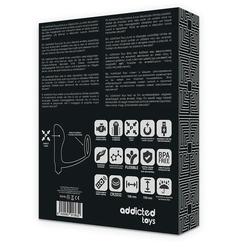 ADDICTED TOYS - ANNEAU PÉNIS AVEC TÉLÉCOMMANDE PLUG ANAL NOIR RECHARGEABLE - Incandessens