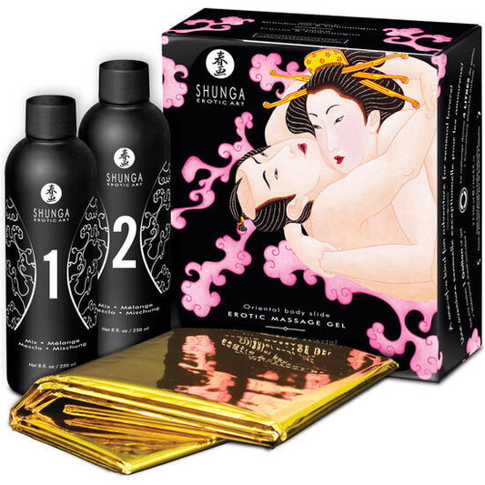 SHUNGA - KIT GEL DE MASSAGE ÉROTIQUE ORIENTAL CORPS À CORPS FRAISES ET CAVA