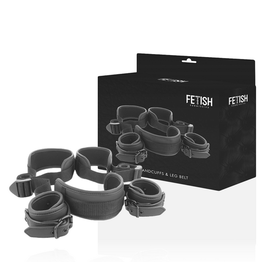 FETISH SUBMISSIVE - SANGLES D'ATTACHE JAMBES OUVERTES AVEC MENOTTES DOUBLÉES EN NEOPRÈNE