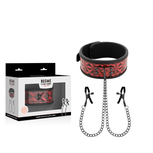 BEGME - COLLIER ÉDITION ROUGE AVEC PINCES TETONS AVEC DOUBLURE EN NÉOPRÈNE