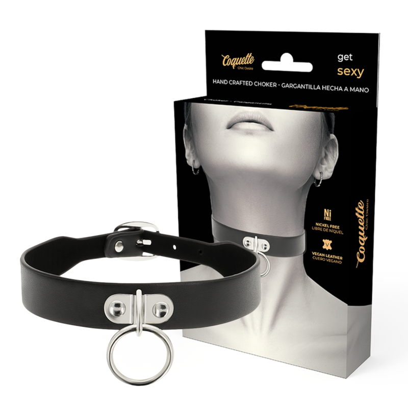 COQUETTE - COLLIER CUIR VEGAN NOIR FÉTICHISTE TOUR COU BDSM FEMME