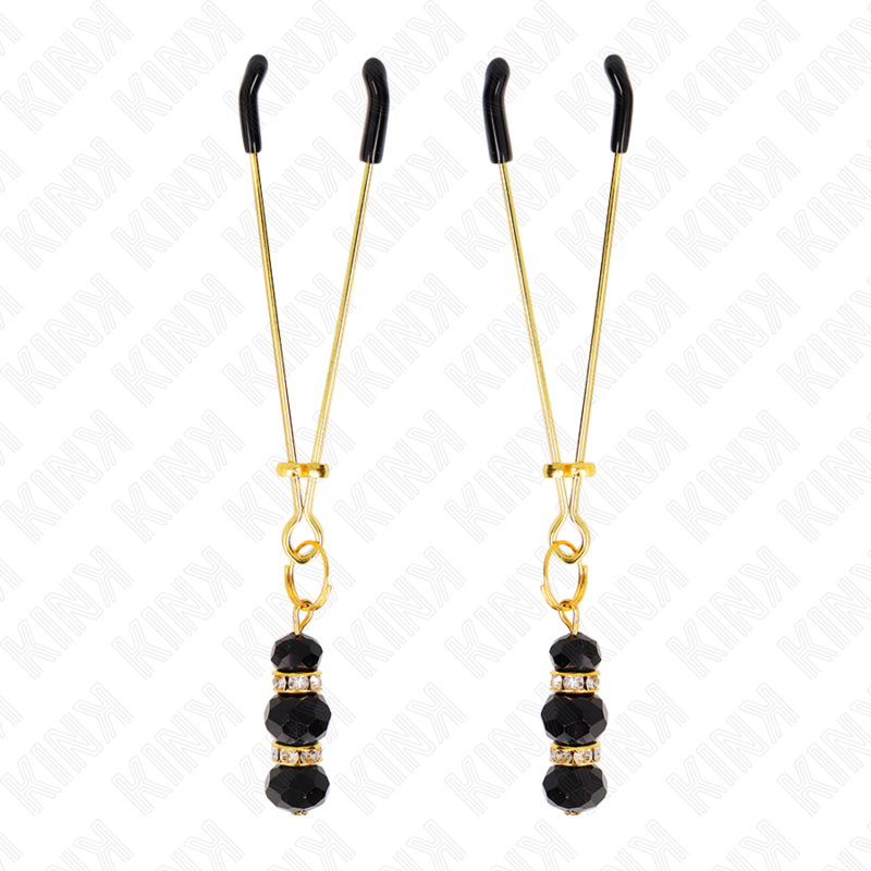 KINK - PINCES À TETONS FINES OR AVEC 3 BILLES DE VERRE NOIR 7 CM