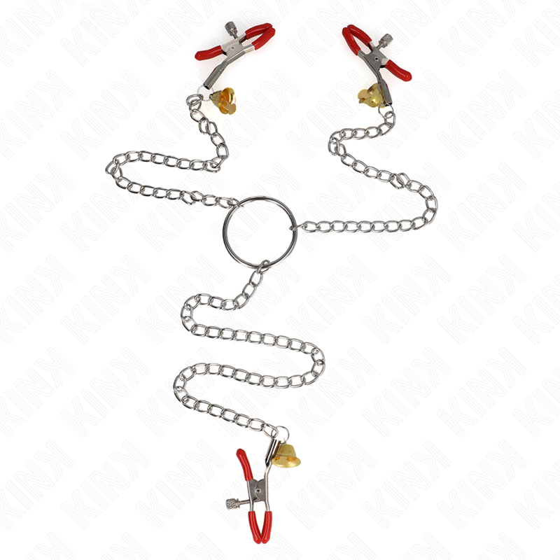 KINK - PINCES À TETONS ET CLITO BELL TRIPLE ROUGE AVEC CHAINE 30 CM