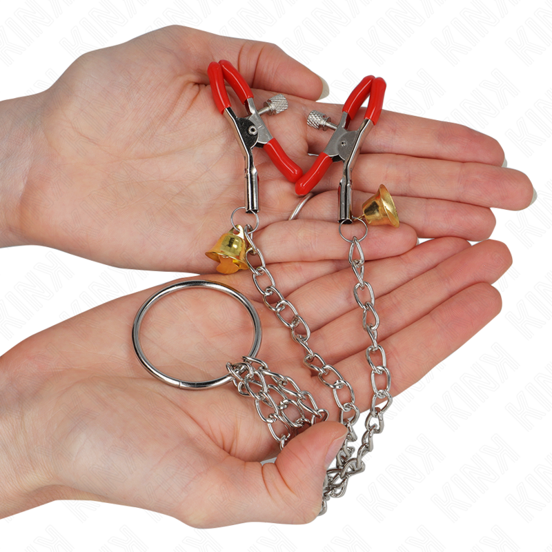 KINK - PINCES À TETONS ET CLITO BELL TRIPLE ROUGE AVEC CHAINE 30 CM