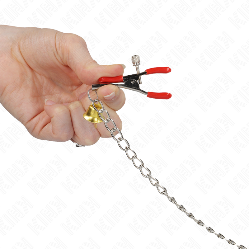 KINK - PINCES À TETONS ET CLITO BELL TRIPLE ROUGE AVEC CHAINE 30 CM