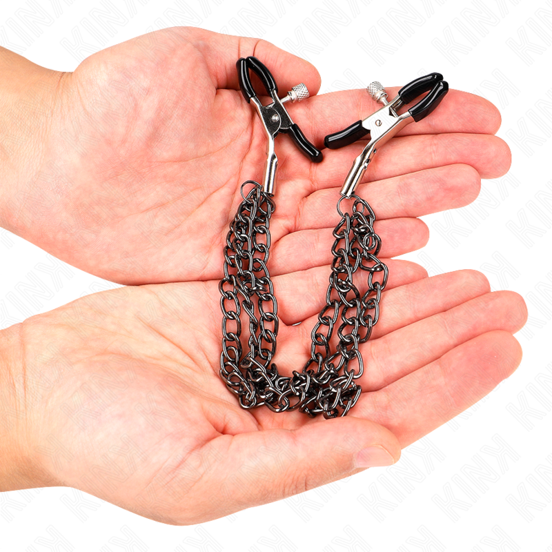 KINK - PINCES À TETONS AVEC 3 CHAÎNES NOIRES 20/23/28 CM
