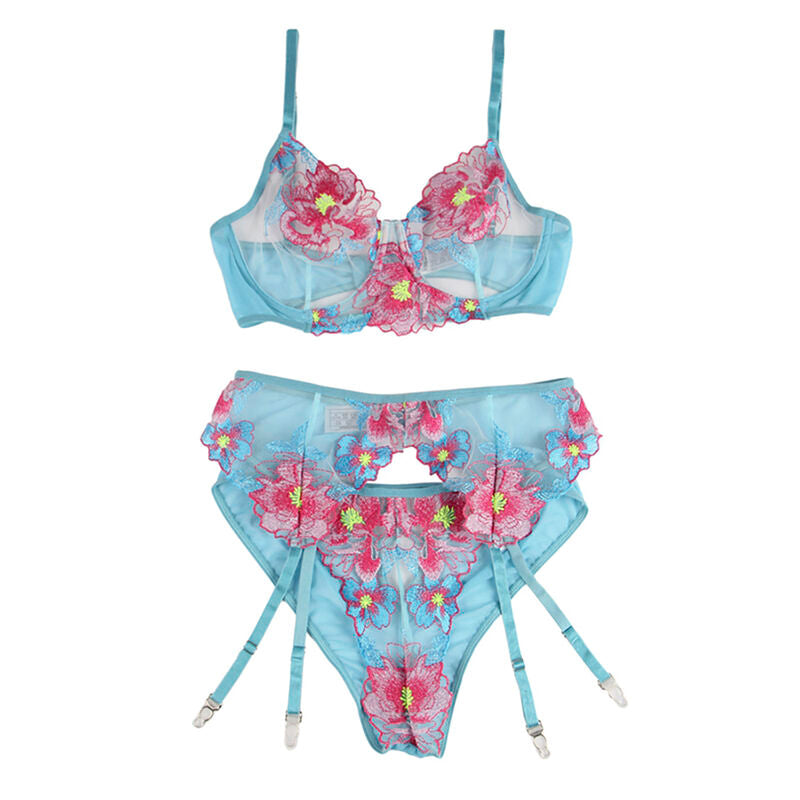 SUBBLIME - 954109 ENSEMBLE SOUTIEN-GORGE + CULOTTE AVEC PORTE-JARRETELLES MOTIF FLORAL BLEU S/M