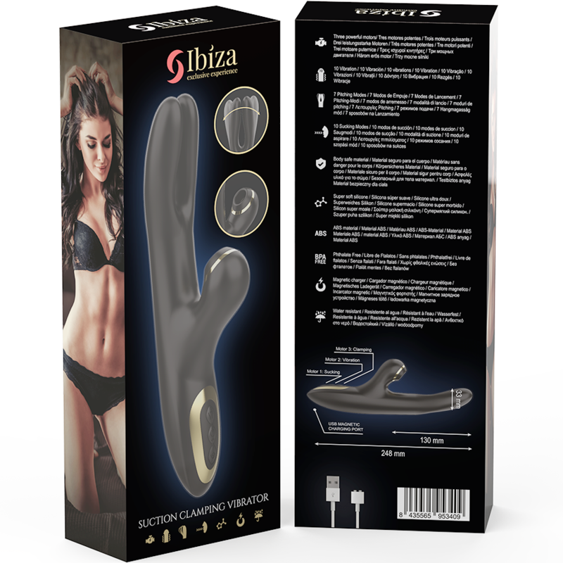 IBIZA - VIBRATEUR DOUBLE SERRAGE NOIR RECHARGEABLE USB MULTI-VITESSES ÉTANCHE