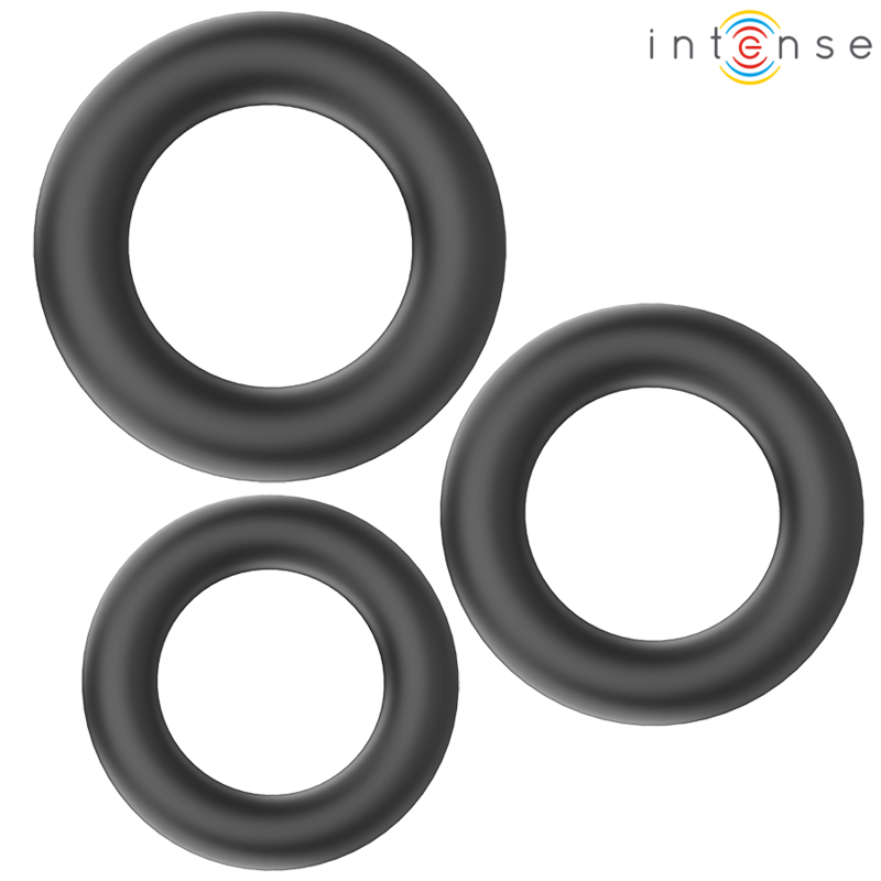 INTENSE - HUGH LOT 3 ANNEAUX PENIS SILICONE NOIR 3 DIAMETRES
