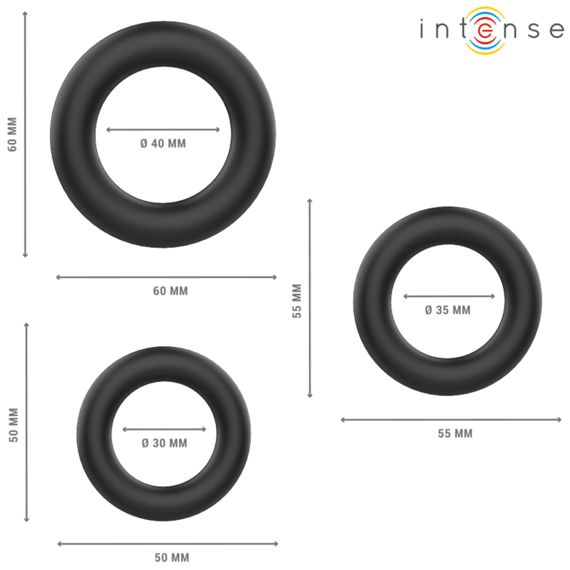 INTENSE - HUGH LOT 3 ANNEAUX PENIS SILICONE NOIR 3 DIAMETRES