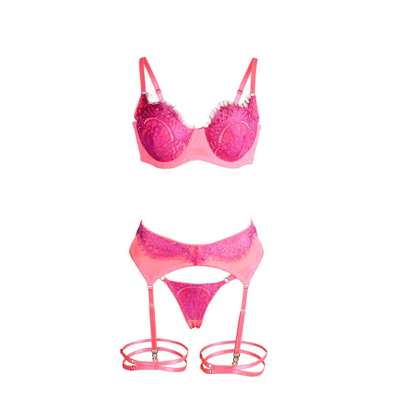 SUBBLIME - ENSEMBLE LINGERIE DENTELLE ROSE VIOLET PORTE-JARRETELLES ROMANTIQUE - Incandessens