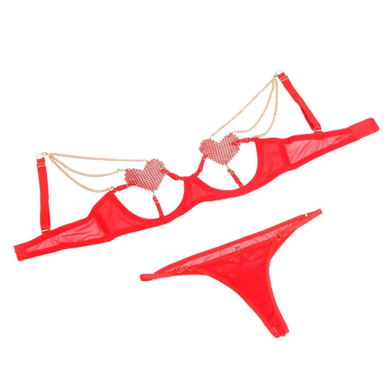 SUBBLIME - ENSEMBLE LINGERIE MAILLE ROUGE CHAÎNES CŒUR SOUTIEN-GORGE SEXY - Incandessens