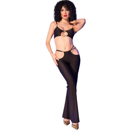 CHILIROSE - CR 4851 ENSEMBLE TOP ET LEGGINGS NOIRS ACCESSOIRES DORÉS LINGERIE SEXY TAILLE S