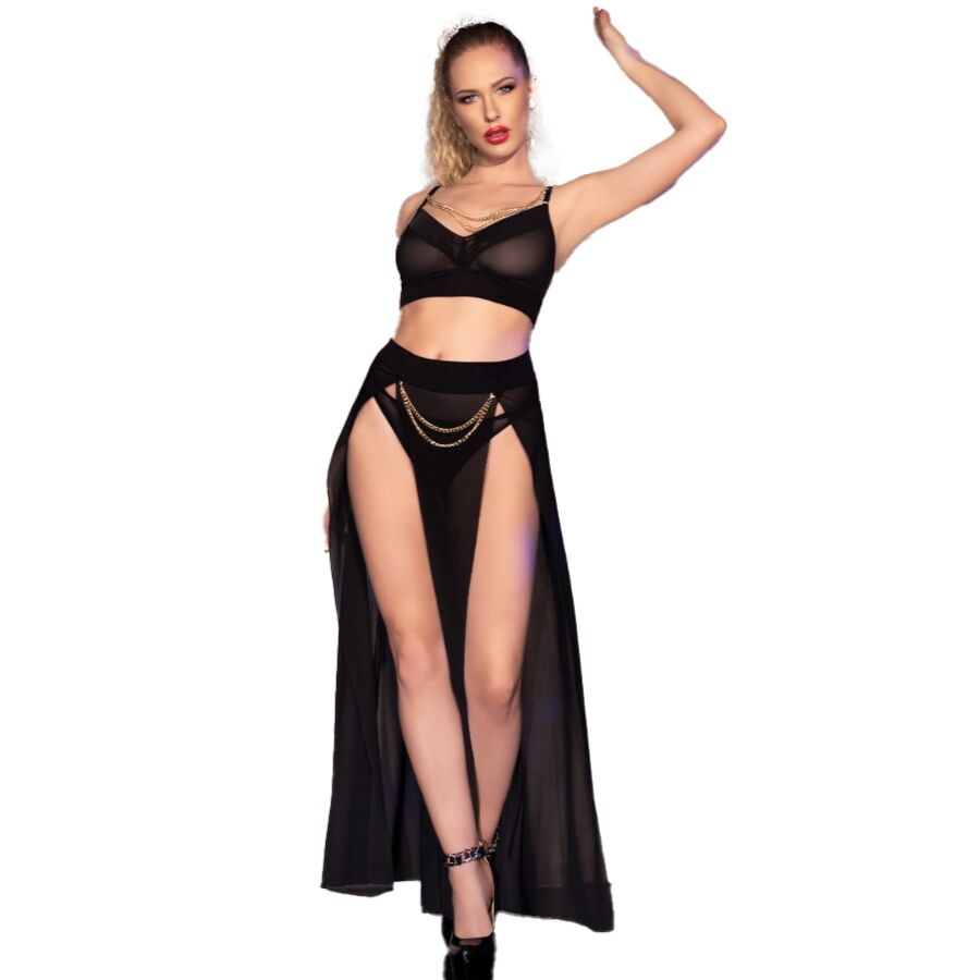 CHILIROSE - CR 4672 JUPE ET STRING NOIRS CHAÊNES DORÉES LINGERIE SEXY TAILLE S