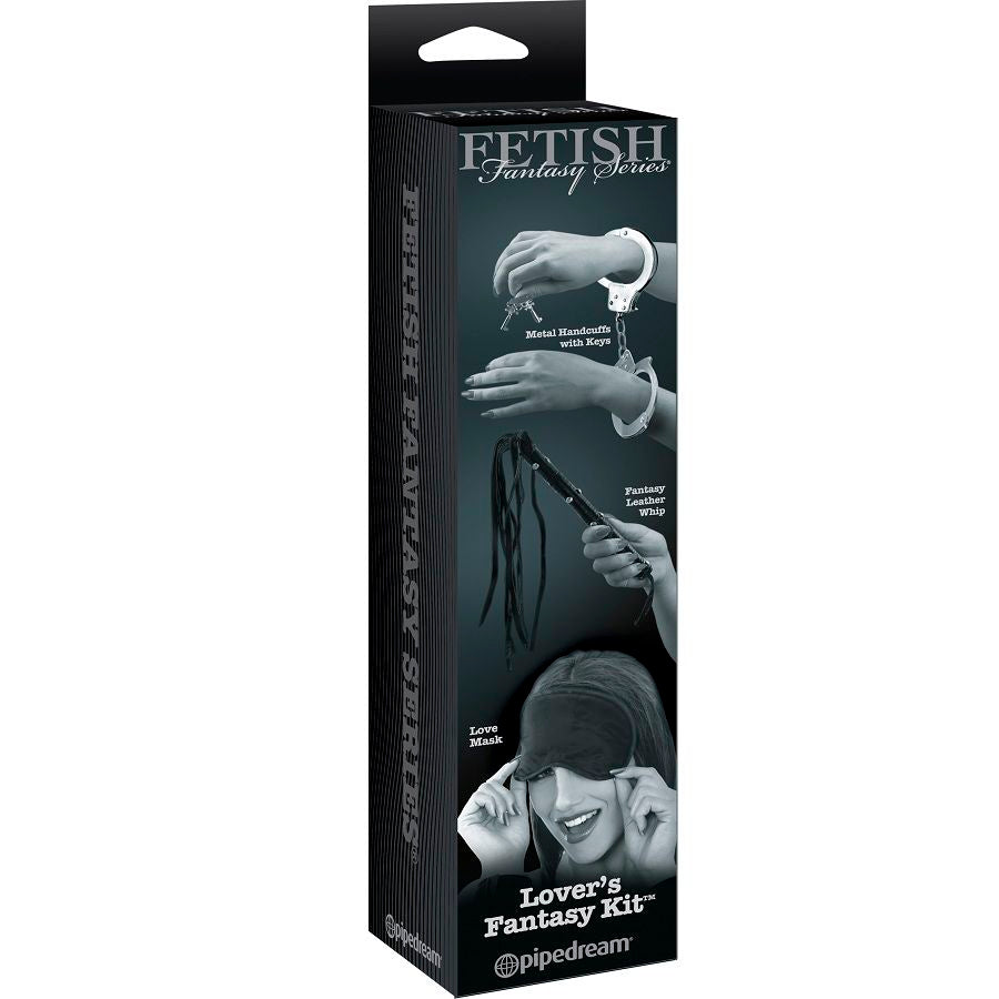 FETISH FANTASY - KIT BDSM DÉBUTANTS MENOTTES MÉTAL FOUET CUIR MASQUE SATIN 3 PIÈCES