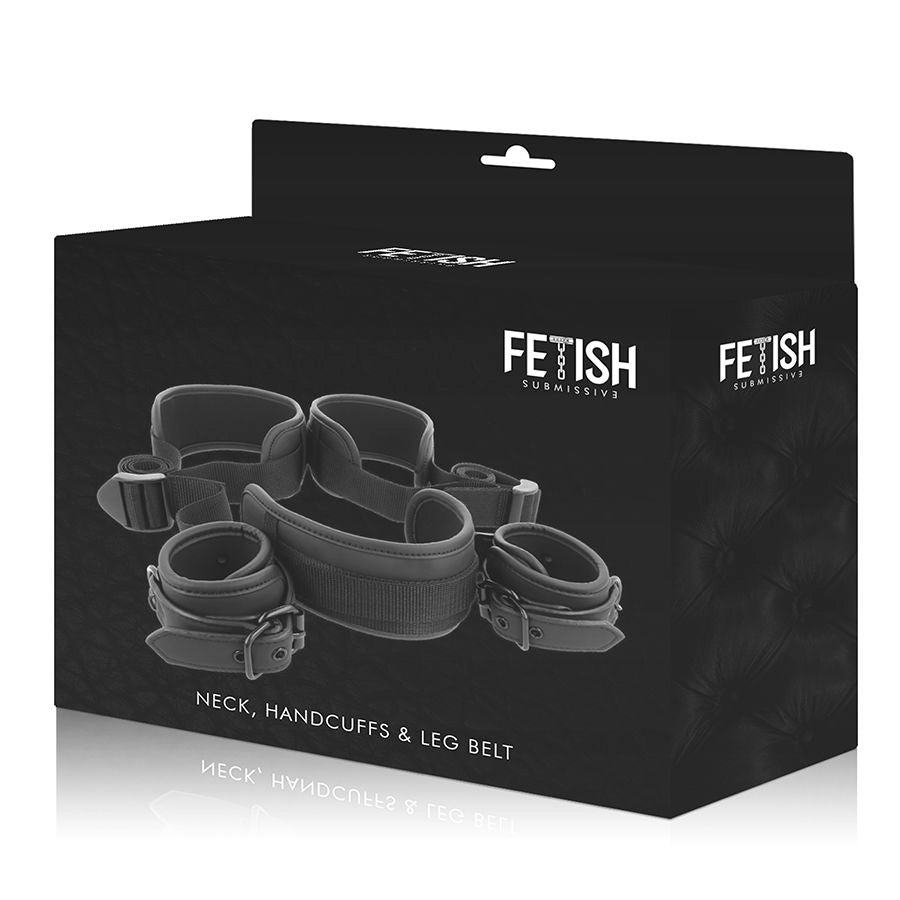 FETISH SUBMISSIVE - SANGLES D'ATTACHE JAMBES OUVERTES AVEC MENOTTES DOUBLÉES EN NEOPRÈNE