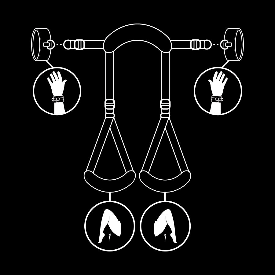 FETISH SUBMISSIVE - SANGLES D'ATTACHE JAMBES OUVERTES AVEC MENOTTES DOUBLÉES EN NEOPRÈNE