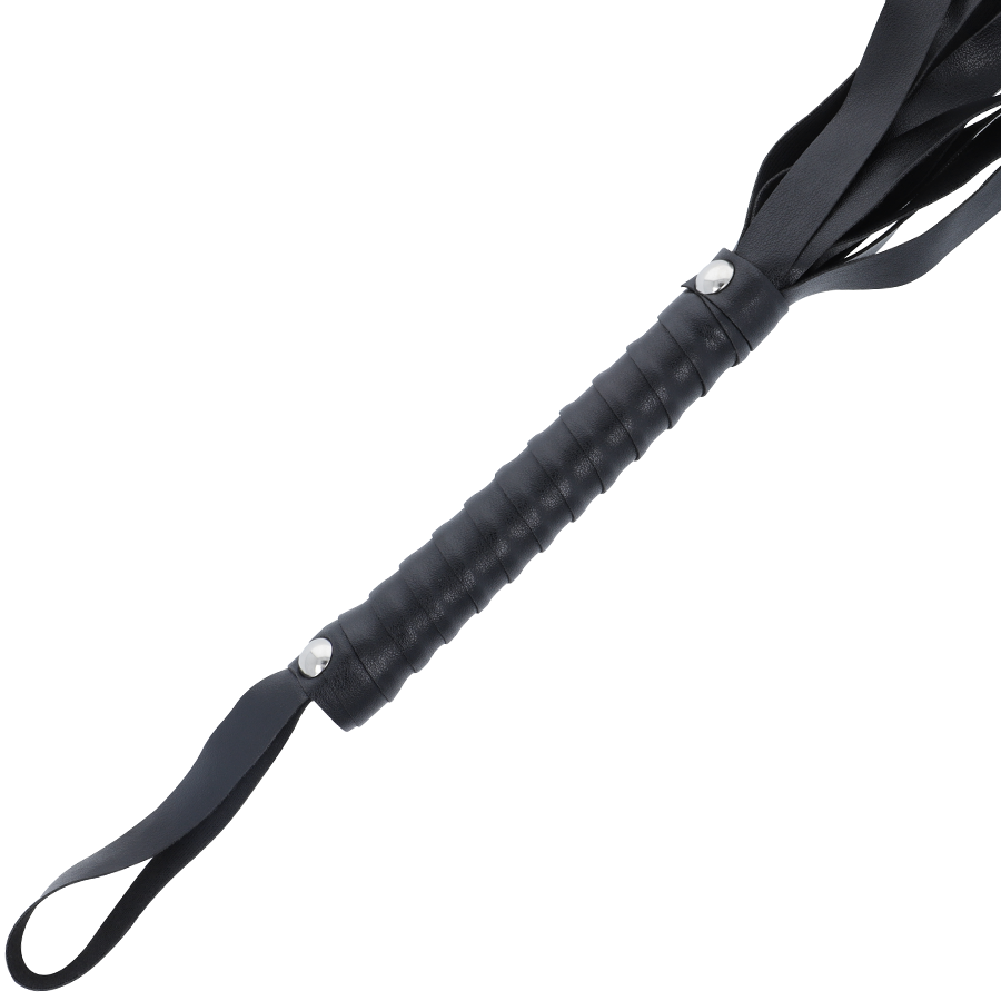 DARKNESS FOUET BONDAGE BDSM NOIR CUIR VÉGÉTALIEN POIGNÉE ERGONOMIQUE 51CM